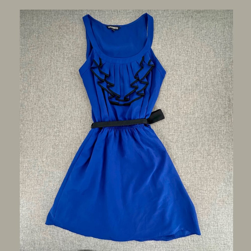 Express‎ Belted Dress Blue Ruffled Scoop Neck Sleeveless Lined Elegant Formal